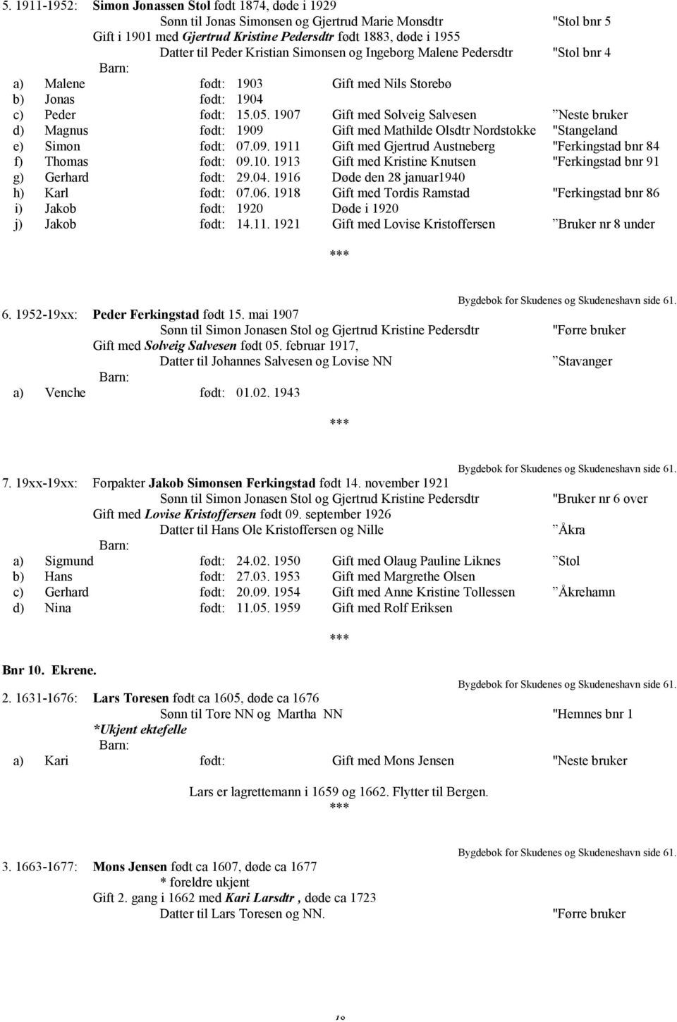 1907 Gift med Solveig Salvesen Neste bruker d) Magnus født: 1909 Gift med Mathilde Olsdtr Nordstokke "Stangeland e) Simon født: 07.09. 1911 Gift med Gjertrud Austneberg "Ferkingstad bnr 84 f) Thomas født: 09.
