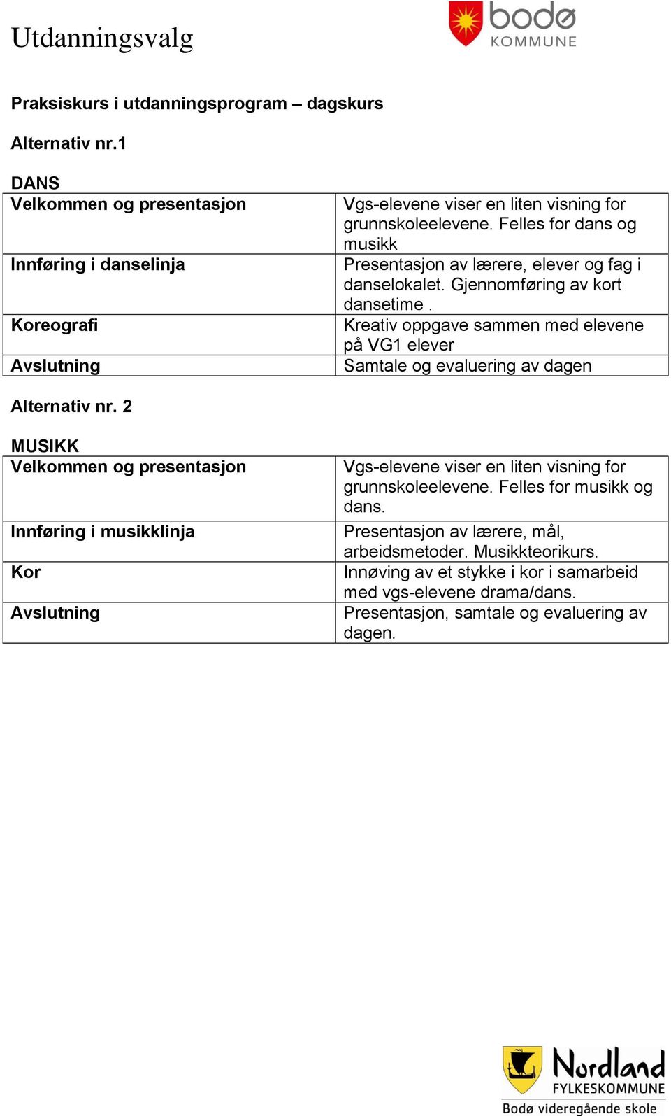 Felles for dans og musikk Presentasjon av lærere, elever og fag i danselokalet. Gjennomføring av kort dansetime.