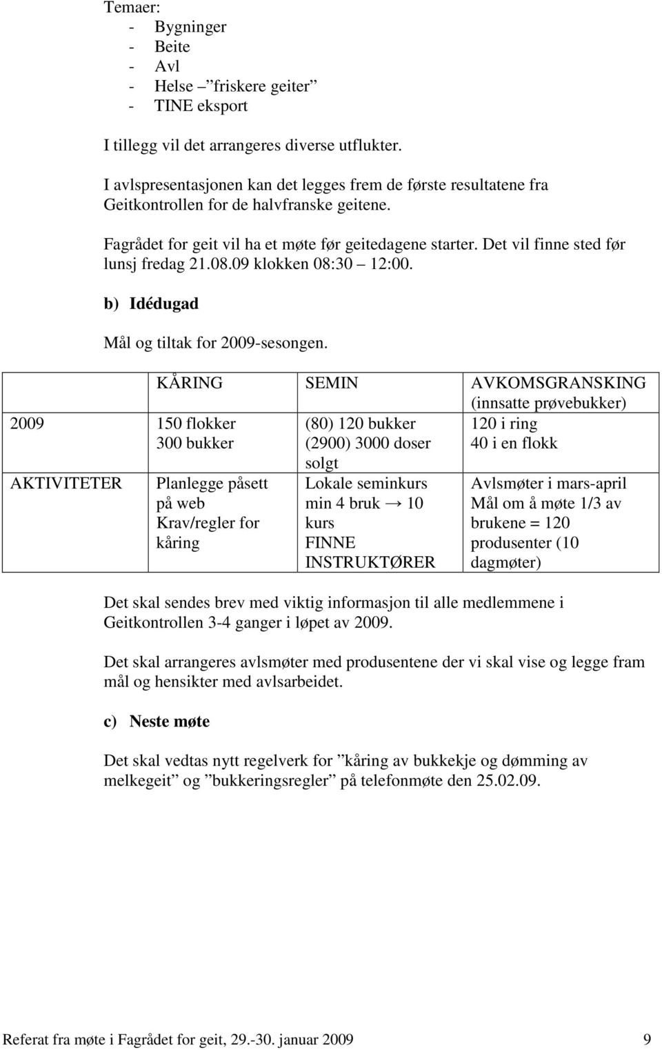 Det vil finne sted før lunsj fredag 21.08.09 klokken 08:30 12:00. b) Idédugad Mål og tiltak for 2009-sesongen.