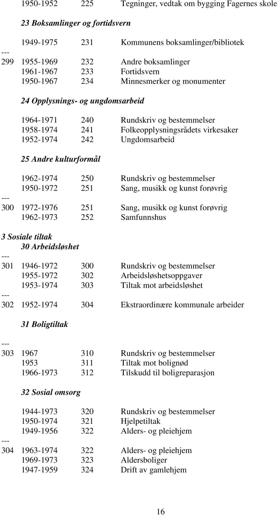 kulturformål 1962-1974 250 Rundskriv og bestemmelser 1950-1972 251 Sang, musikk og kunst forøvrig 300 1972-1976 251 Sang, musikk og kunst forøvrig 1962-1973 252 Samfunnshus 3 Sosiale tiltak 30