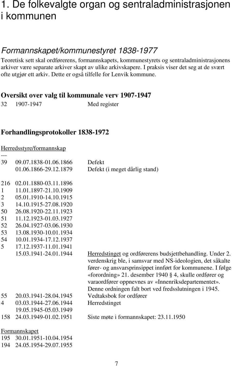 Oversikt over valg til kommunale verv 1907-1947 32 1907-1947 Med register Forhandlingsprotokoller 1838-1972 Herredsstyre/formannskap 39 09.07.1838-01.06.1866 Defekt 01.06.1866-29.12.