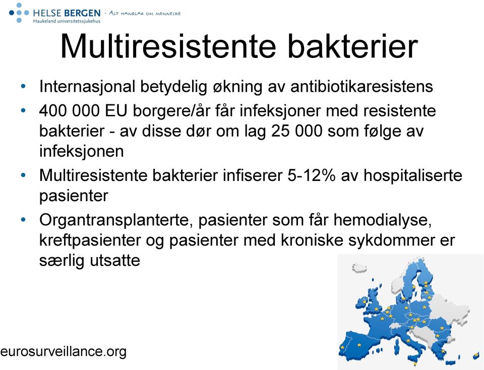 Multiresistente bakterier infiserer 5-12% av hospitaliserte pasienter Organtransplanterte, pasienter