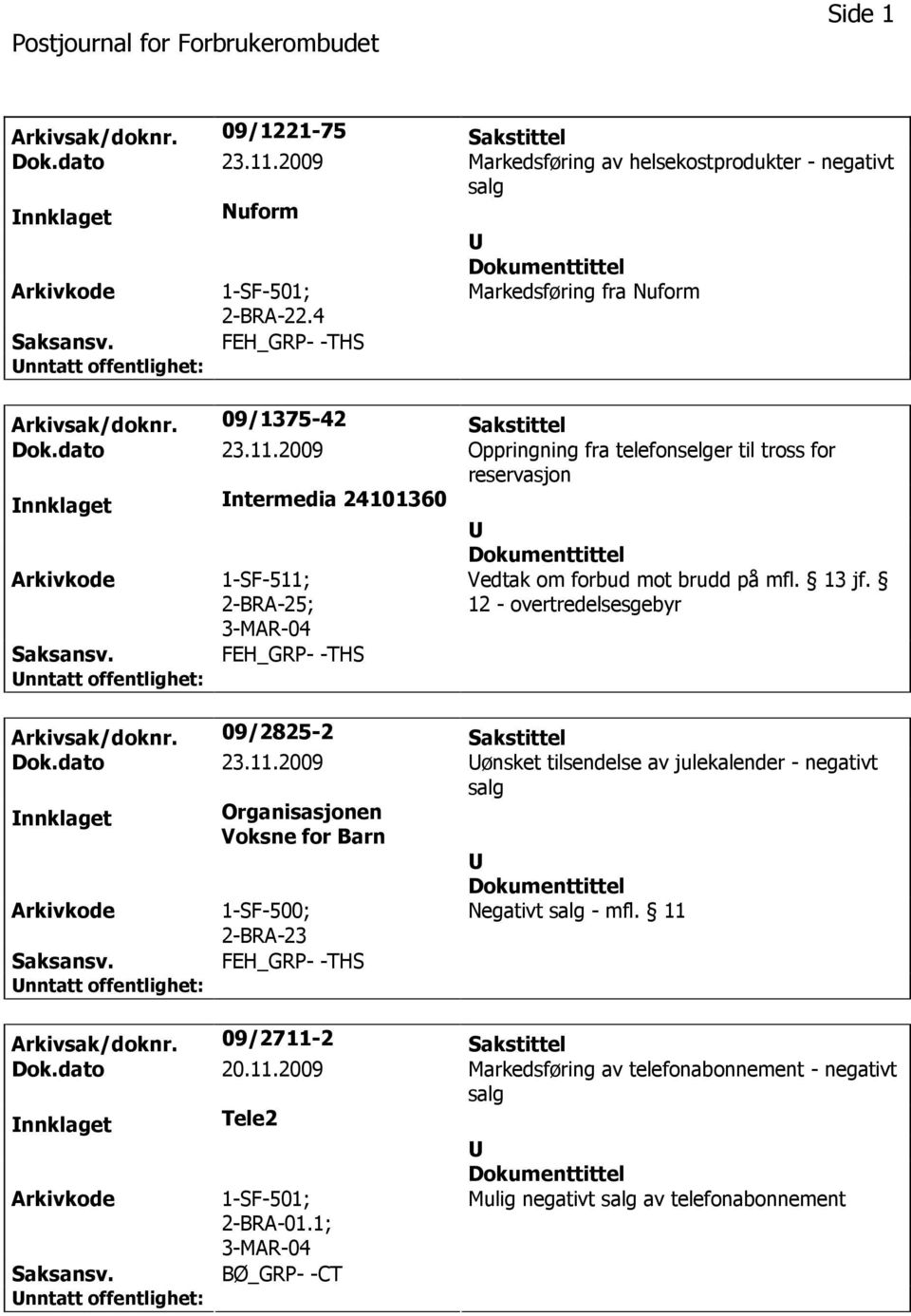 2009 Oppringning fra telefonselger til tross for reservasjon nnklaget ntermedia 24101360 1-SF-511; 2-BRA-25; FEH_GRP- -THS Vedtak om forbud mot brudd på mfl. 13 jf.