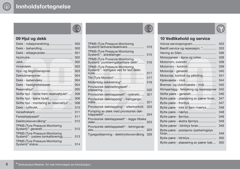 .. 306 Skifte hjul - montering av reservehjul*... 308 Dekk - lufttrykk... 310 Varseltrekant... 311 Førstehjelpssett*... 311 Dekktrykkovervåking*... 312 TPMS (Tyre Pressure Monitoring System)*- generelt.