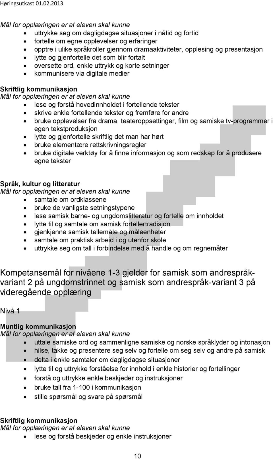 og fremføre for andre bruke opplevelser fra drama, teateroppsettinger, film og samiske tv-programmer i egen tekstproduksjon lytte og gjenfortelle skriftlig det man har hørt bruke elementære