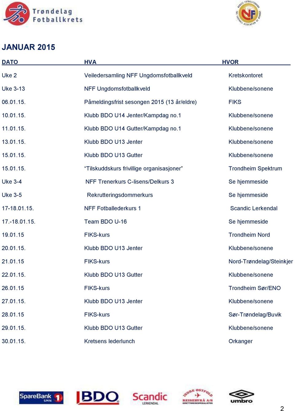 01.15. NFF Fotballederkurs 1 Scandic Lerkendal 17.-18.01.15. Team BDO U-16 Se hjemmeside 19.01.15 FIKS-kurs Trondheim Nord 20.01.15. Klubb BDO U13 Jenter Klubbene/sonene 21.01.15 FIKS-kurs Nord-Trøndelag/Steinkjer 22.