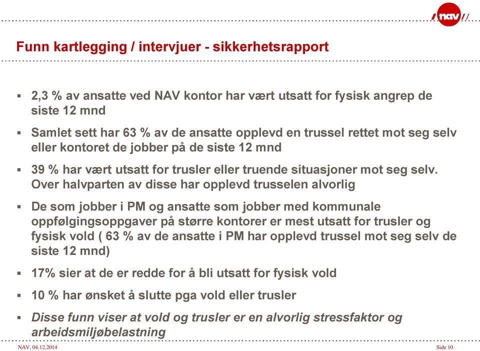 Over halvparten av disse har opplevd trusselen alvorlig De som jobber i PM og ansatte som jobber med kommunale oppfølgingsoppgaver på større kontorer er mest utsatt for trusler og fysisk vold ( 63 %