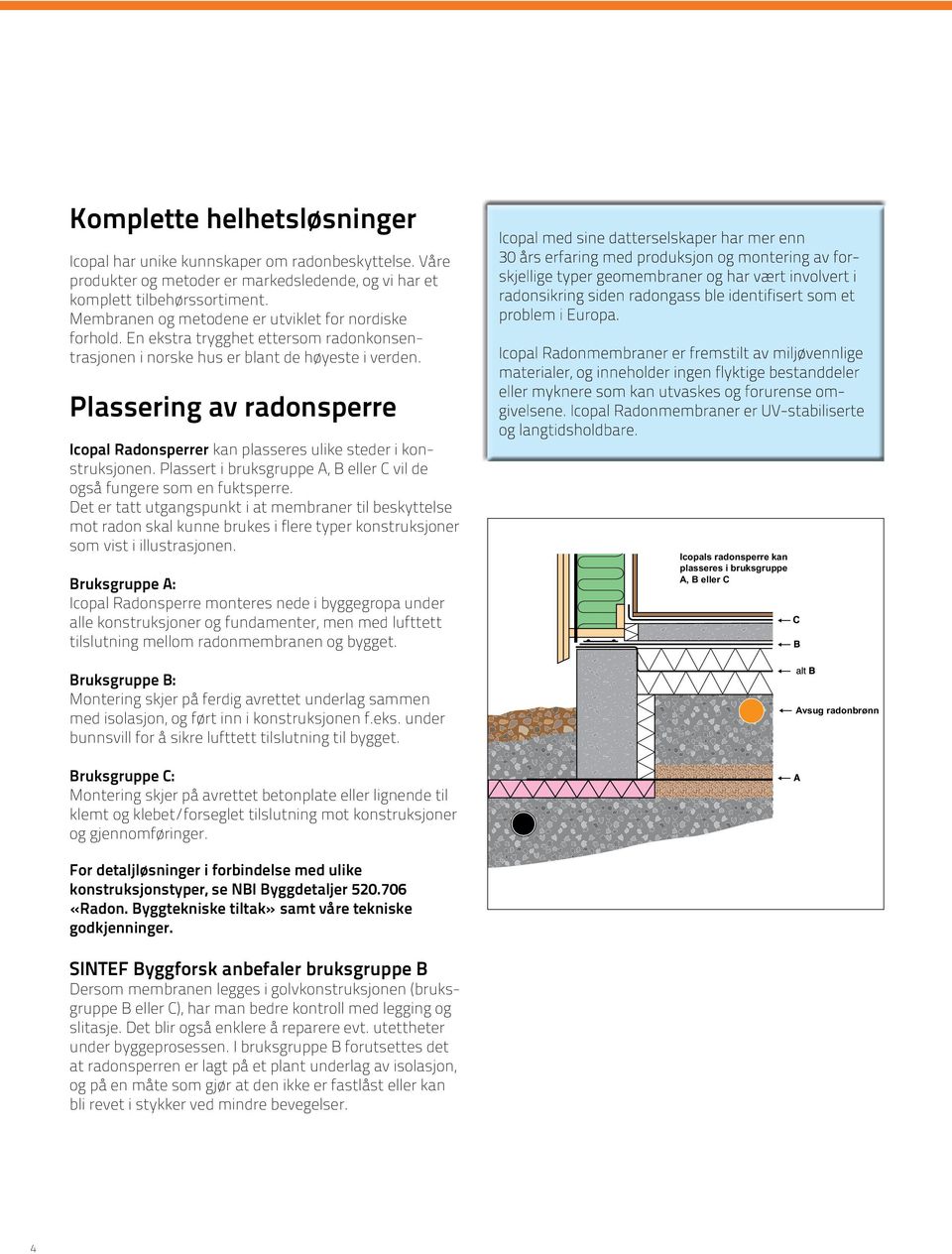 Plassering av radonsperre Icopal Radonsperrer kan plasseres ulike steder i konstruksjonen. Plassert i bruksgruppe A, B eller C vil de også fungere som en fuktsperre.