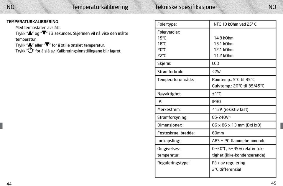 Følertype: Følerverdier: 15 C 18 C 20 C 22 C Skjerm: NTC 10 kohm ved 25 C 14,8 kohm 13,1 kohm 12,1 kohm 11,2 kohm LCD Strømforbruk: <2W Temperaturområde: Romtemp.: 5 C til 35 C Gulvtemp.