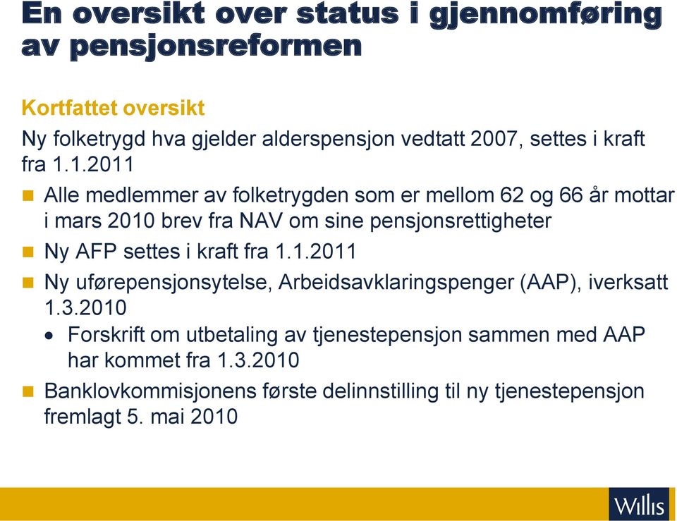 1.2011 Alle medlemmer av folketrygden som er mellom 62 og 66 år mottar i mars 2010 brev fra NAV om sine pensjonsrettigheter Ny AFP 1.