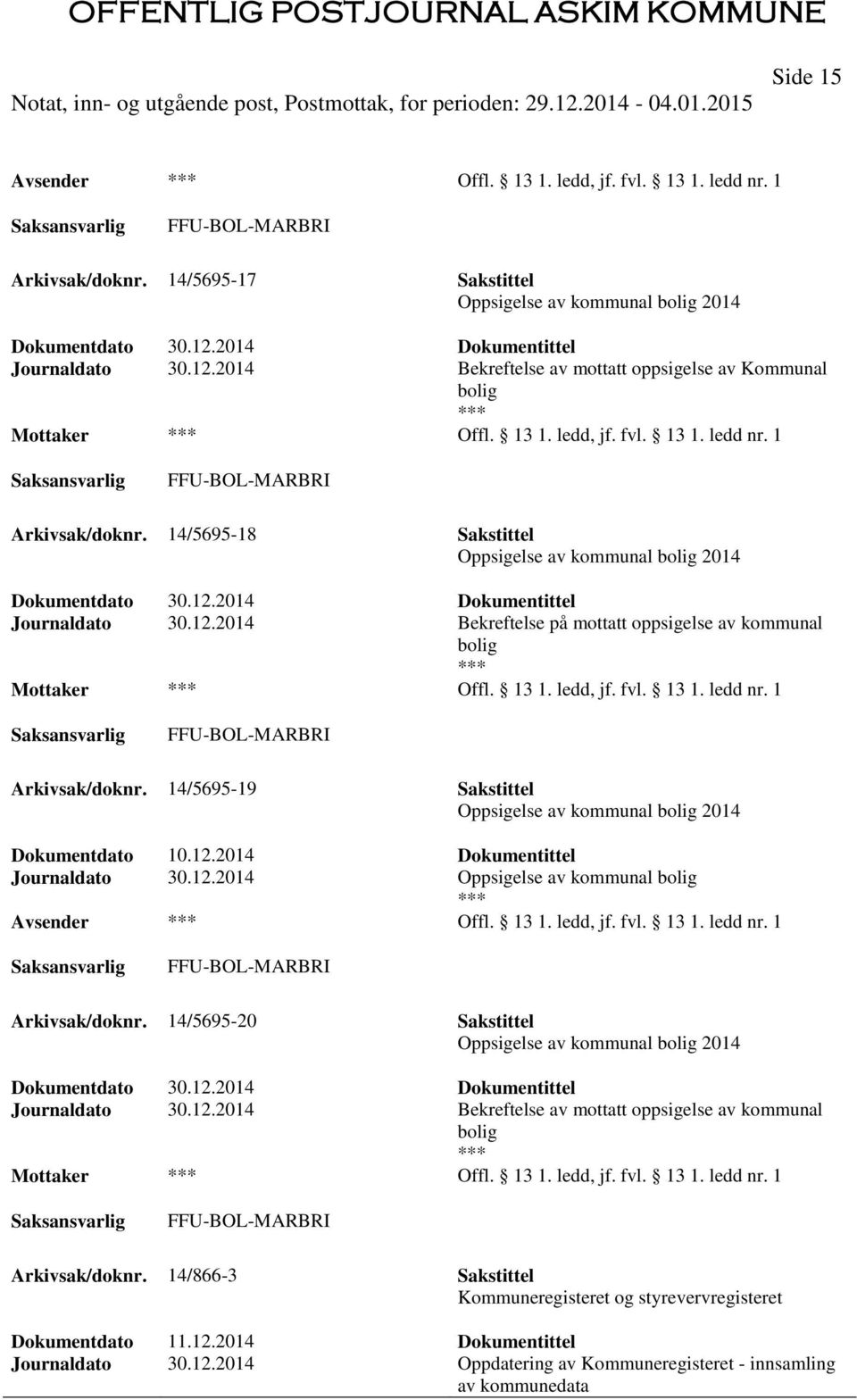 14/5695-18 Sakstittel Oppsigelse av kommunal bolig 2014 Dokumentdato 30.12.2014 Dokumentittel Journaldato 30.12.2014 Bekreftelse på mottatt oppsigelse av kommunal bolig Mottaker Offl. 13 1. ledd, jf.