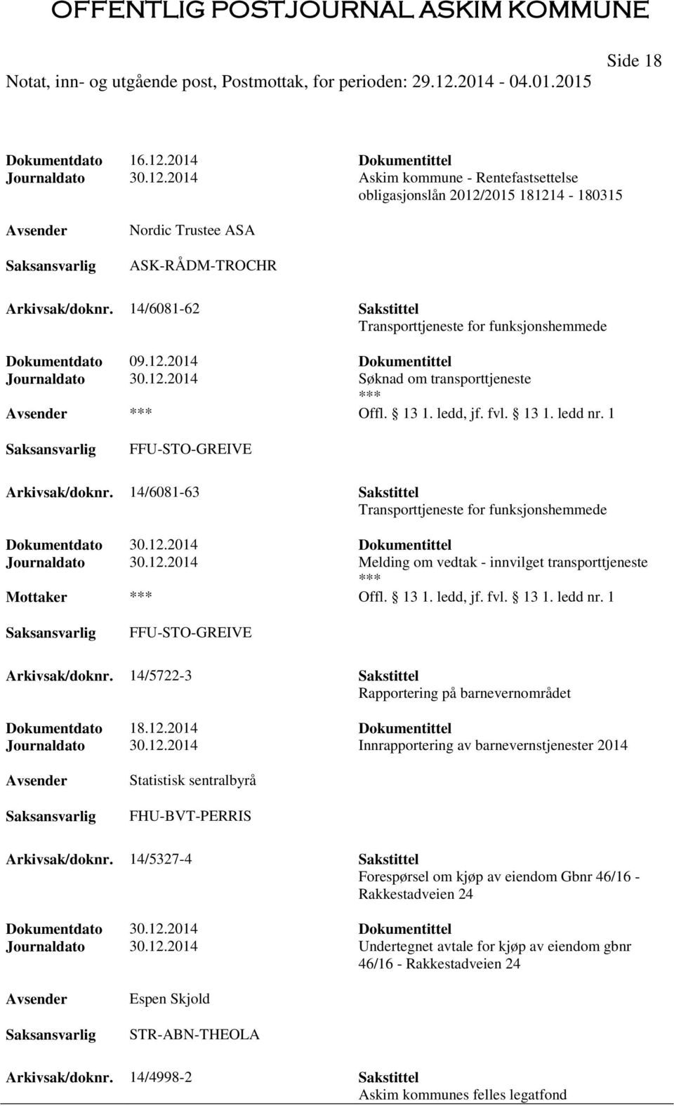 1 FFU-STO-GREIVE Arkivsak/doknr. 14/6081-63 Sakstittel Transporttjeneste for funksjonshemmede Dokumentdato 30.12.2014 Dokumentittel Journaldato 30.12.2014 Melding om vedtak - innvilget transporttjeneste Mottaker Offl.