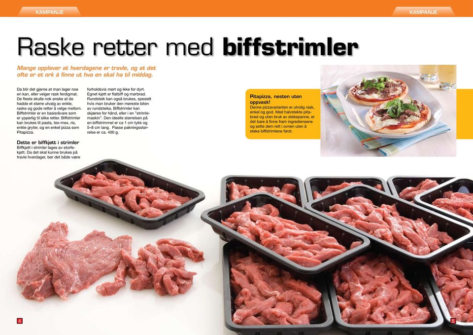 Biffstrimler er en basisråvare som er ypperlig til slike retter. Biffstrimler kan brukes til pasta, tex-mex, ris, enkle gryter, og en enkel pizza som Pitapizza.