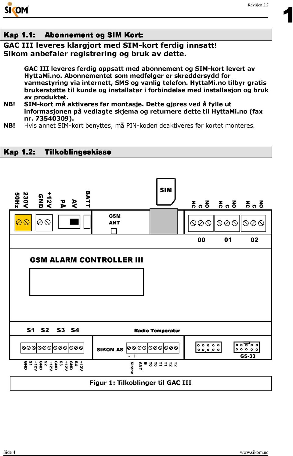 SIM-kort må aktiveres før montasje. Dette gjøres ved å fylle ut informasjonen på vedlagte skjema og returnere dette til HyttaMi.no (fax nr. 73540309).