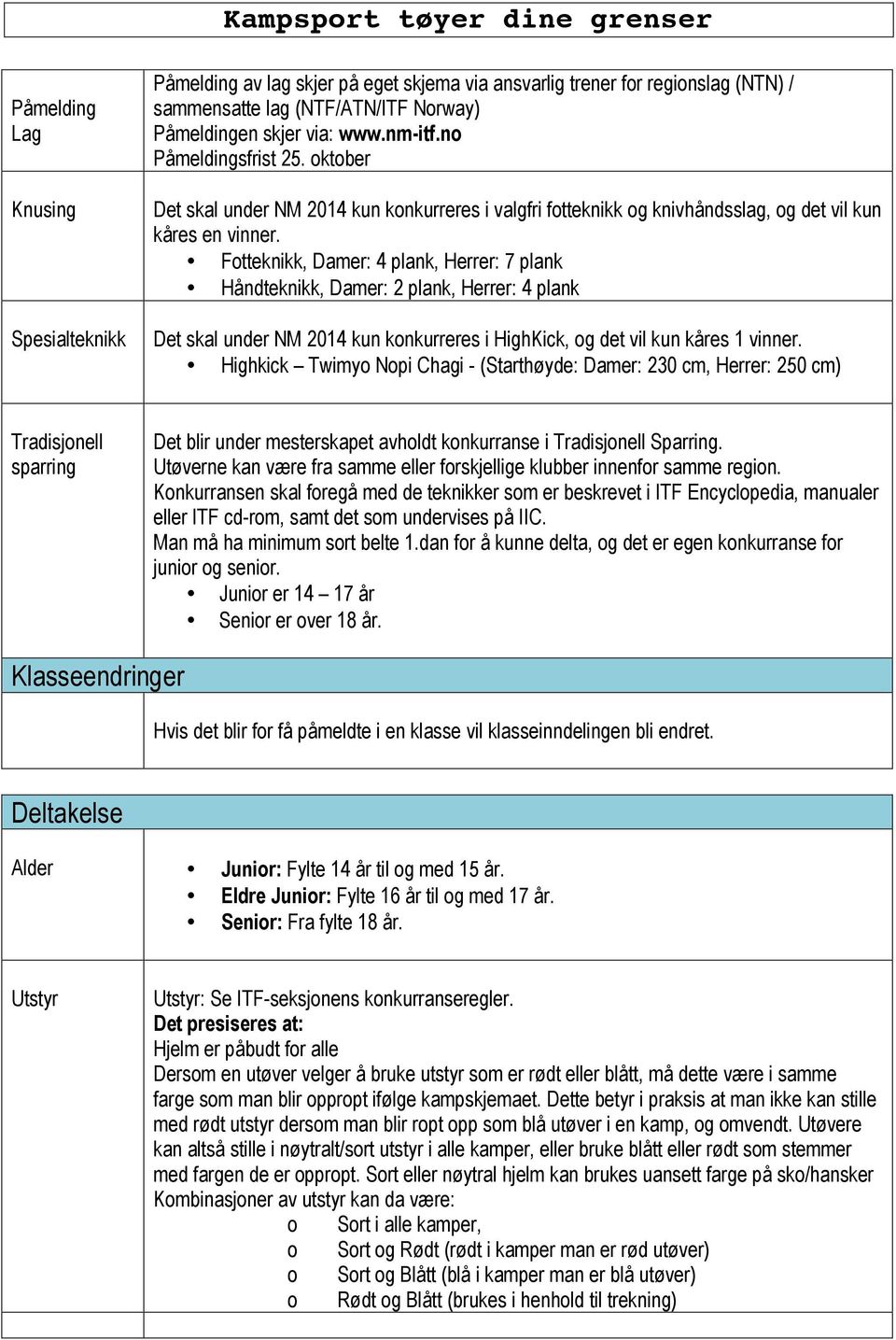 Fotteknikk, Damer: 4 plank, Herrer: 7 plank Håndteknikk, Damer: 2 plank, Herrer: 4 plank Det skal under NM 2014 kun konkurreres i HighKick, og det vil kun kåres 1 vinner.