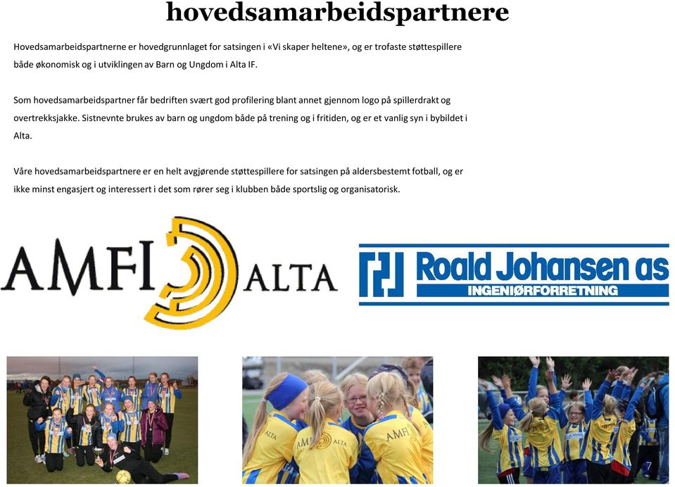 hovedsamarbeidspartnere Som hovedsamarbeidspartner får bedriften svært god profilering blant annet gjennom logo på spillerdrakt og overtrekksjakke.