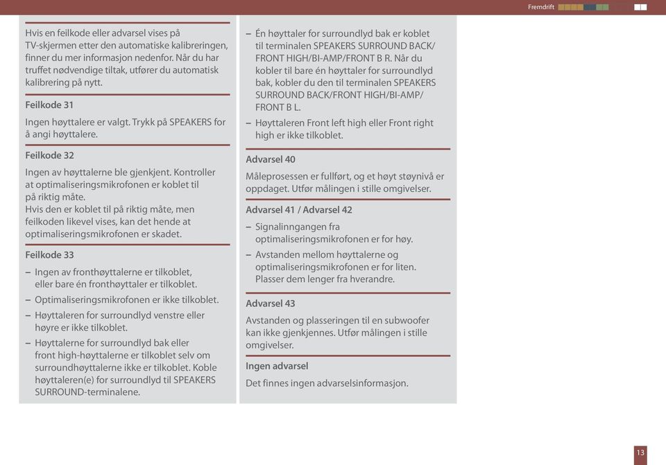 Feilkode 32 Ingen av høyttalerne ble gjenkjent. Kontroller at optimaliseringsmikrofonen er koblet til på riktig måte.