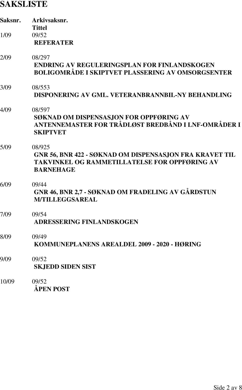 VETERANBRANNBIL-NY BEHANDLING 4/09 08/597 SØKNAD OM DISPENSASJON FOR OPPFØRING AV ANTENNEMASTER FOR TRÅDLØST BREDBÅND I LNF-OMRÅDER I SKIPTVET 5/09 08/925 GNR 56, BNR 422 -