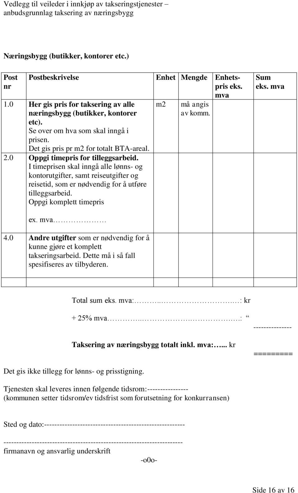 I timeprisen skal inngå alle lønns- og kontorutgifter, samt reiseutgifter og reisetid, som er nødvendig for å utføre tilleggsarbeid. Oppgi komplett timepris ex. mva 4.