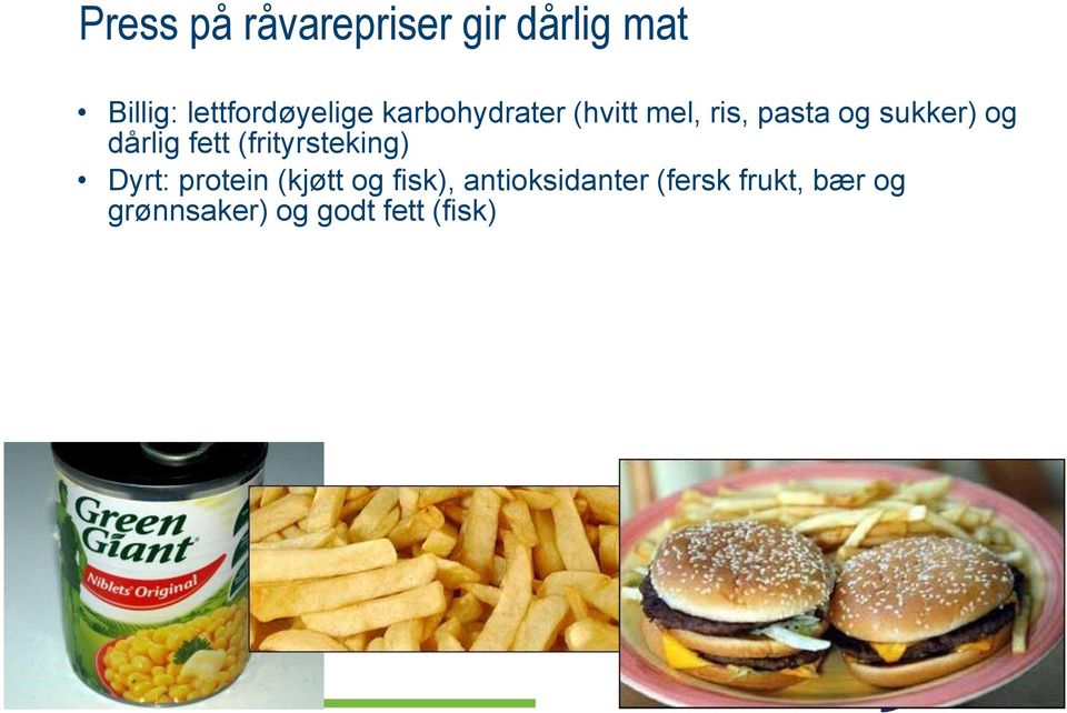 sukker) og dårlig fett (frityrsteking) Dyrt: protein (kjøtt