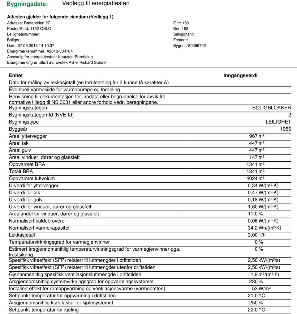 2013 14:10:37 Bygnnr: 80386702 Energimerkenummer: A2013-334784 Ansvarlig for energiattesten: Knausen Borettslag Energimerking er utført av: Evotek AS v/ Rickard Sundell Enhet Inngangsverdi Dato for