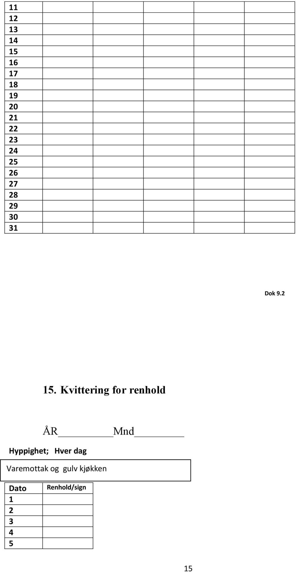 Kvittering for renhold ÅR Mnd Hyppighet; Hver