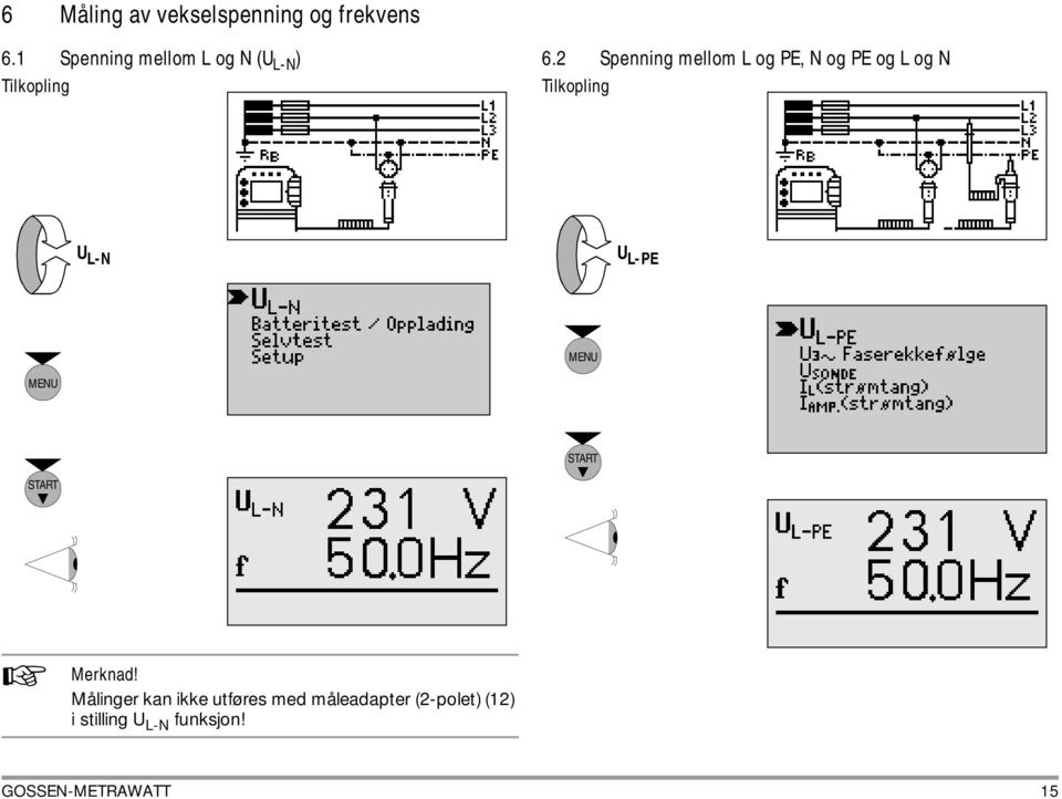 2 Spenning mellom L og PE, N og PE og L og N Tilkopling U L-N U