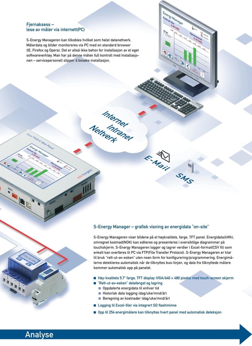 t et ne rn ra te nt rk In I ttve Ne S-Energy Manager grafisk visning av energidata on-site S-Energy Manageren viser bildene på et høykvalitets, farge, TFT panel.