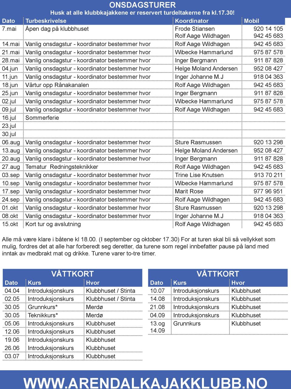 mai Vanlig onsdagstur - koordinator bestemmer hvor Inger Bergmann 911 87 828 04.jun Vanlig onsdagstur - koordinator bestemmer hvor Helge Moland Andersen 952 08 427 11.