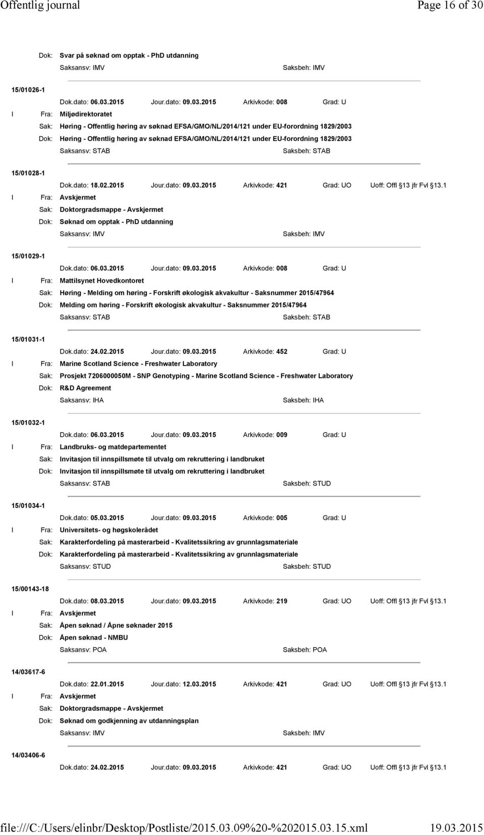 2015 Arkivkode: 008 Grad: U I Fra: Miljødirektoratet Høring - Offentlig høring av søknad EFSA/GMO/NL/2014/121 under EU-forordning 1829/2003 Høring - Offentlig høring av søknad EFSA/GMO/NL/2014/121