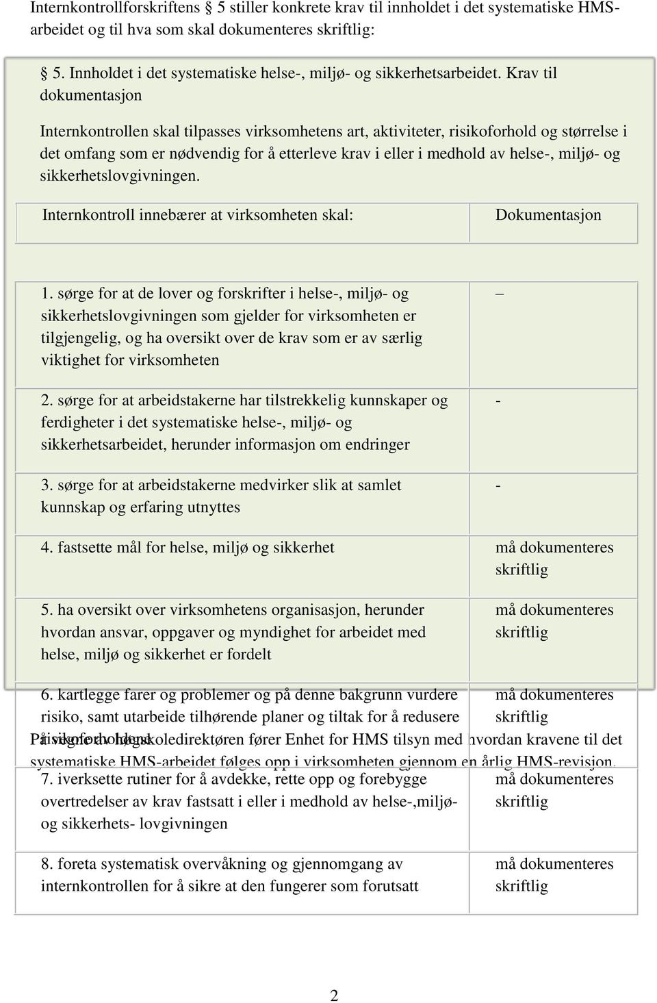 Krav til dokumentasjon Internkontrollen skal tilpasses virksomhetens art, aktiviteter, risikoforhold og størrelse i det omfang som er nødvendig for å etterleve krav i eller i medhold av helse-,