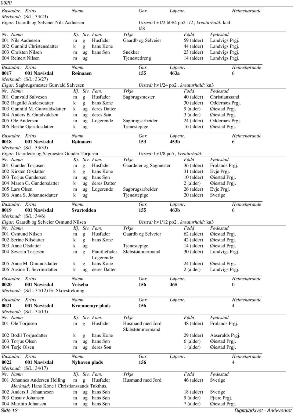 0017 001 Nævisdal Røinaaen 155 463a 6 Merknad: (S/L: 33/27) Eigar: Sagbrugsmester Gunvald Salvesen Utsæd: hv1/24 po2, kreaturhald: ku3 001 Gunvald Salvesen m g Husfader Sagbrugsmester 40 (alder)