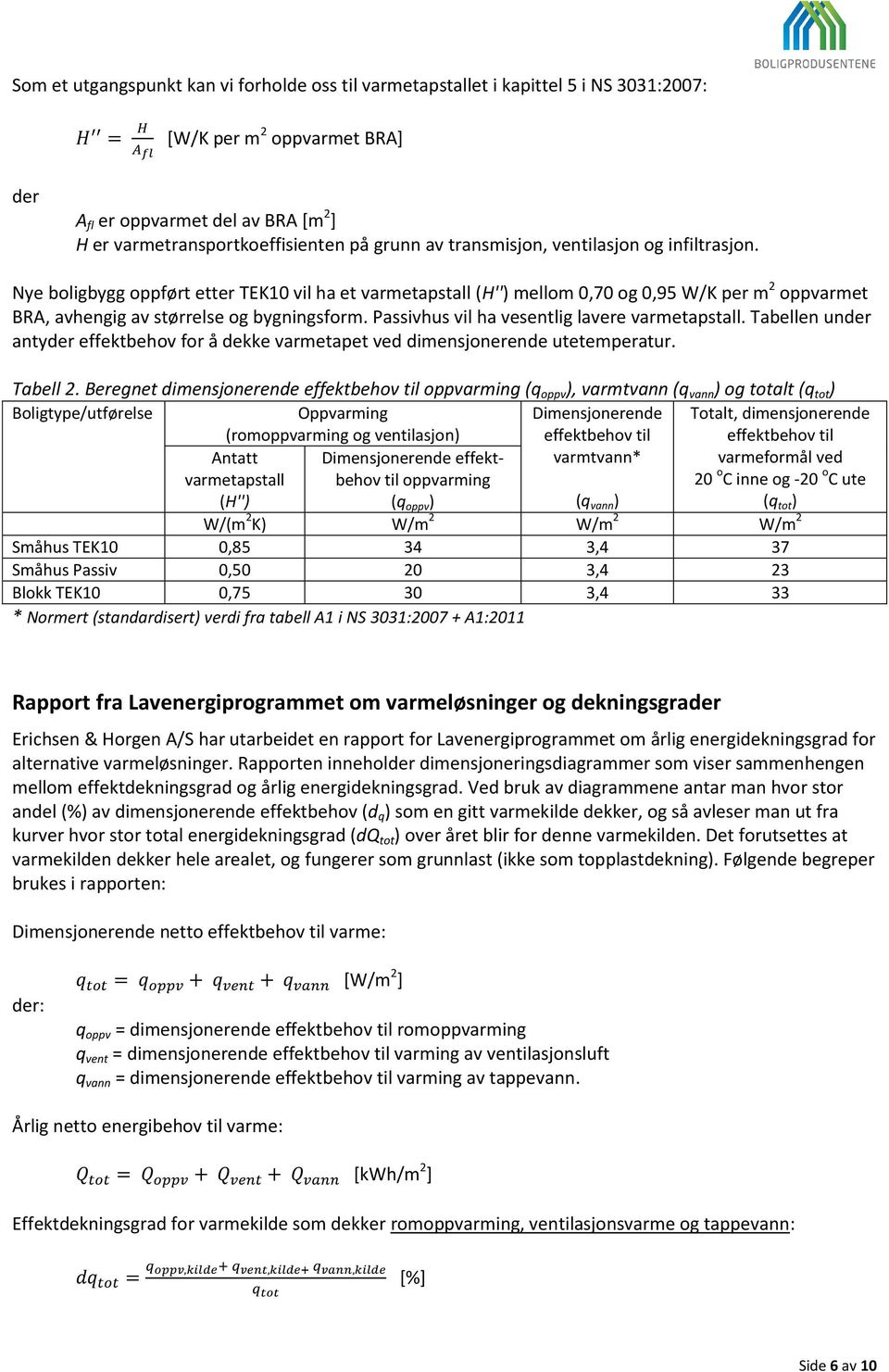 Nye boligbygg oppført etter TEK10 vil ha et varmetapstall (H'') mellom 0,70 og 0,95 W/K per m 2 oppvarmet BRA, avhengig av størrelse og bygningsform. Passivhus vil ha vesentlig lavere varmetapstall.