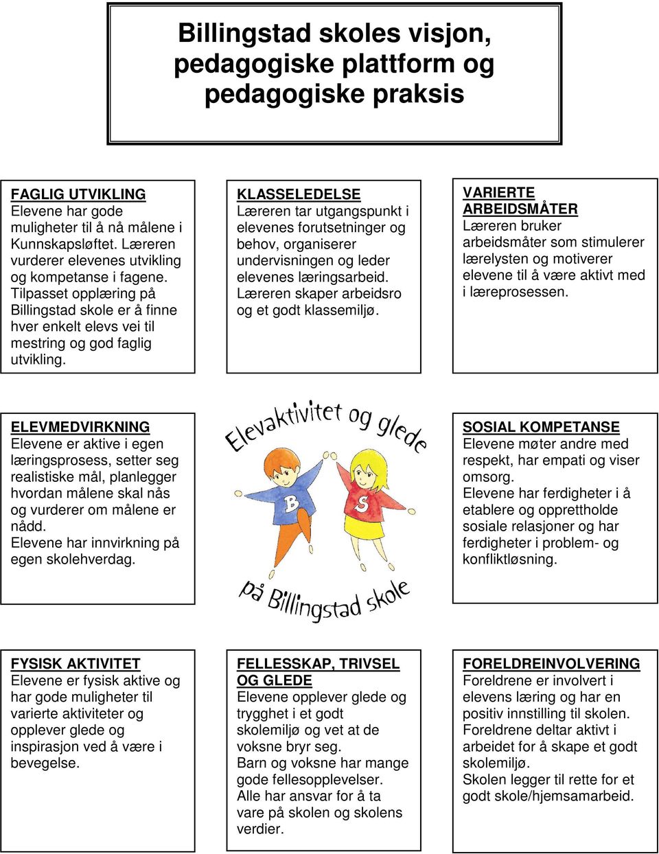 KLASSELEDELSE Læreren tar utgangspunkt i elevenes forutsetninger og behov, organiserer undervisningen og leder elevenes læringsarbeid. Læreren skaper arbeidsro og et godt klassemiljø.