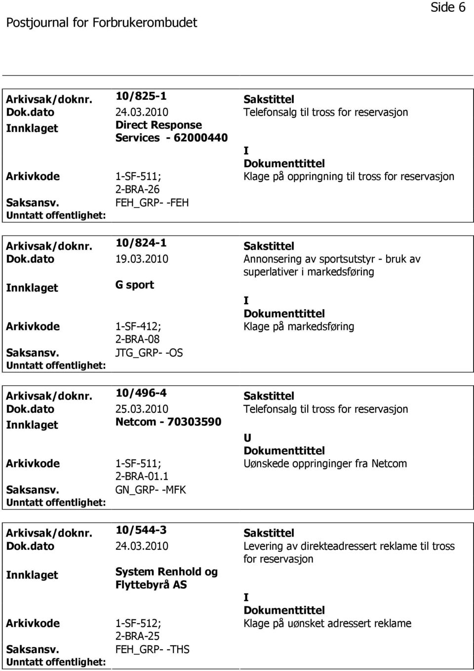 10/824-1 Sakstittel Dok.dato 19.03.2010 Annonsering av sportsutstyr - bruk av superlativer i markedsføring nnklaget G sport 1-SF-412; 2-BRA-08 Klage på markedsføring JTG_GRP- -OS Arkivsak/doknr.