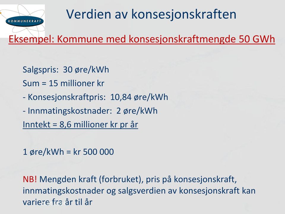 øre/kwh Inntekt = 8,6 millioner kr pr år 1 øre/kwh = kr 500 000 NB!