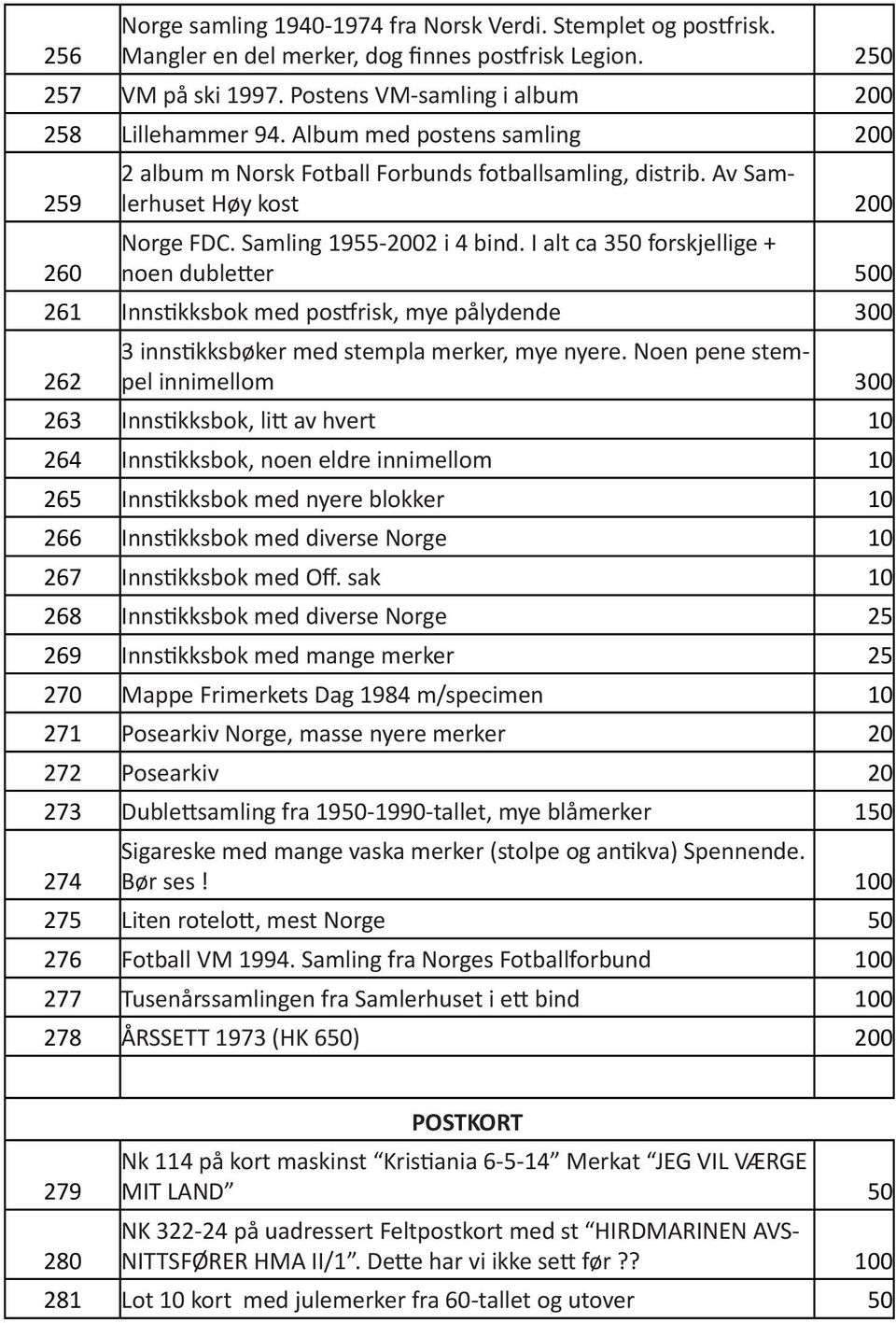 I alt ca 350 forskjellige + noen dubletter 500 261 Innstikksbok med postfrisk, mye pålydende 300 262 3 innstikksbøker med stempla merker, mye nyere.