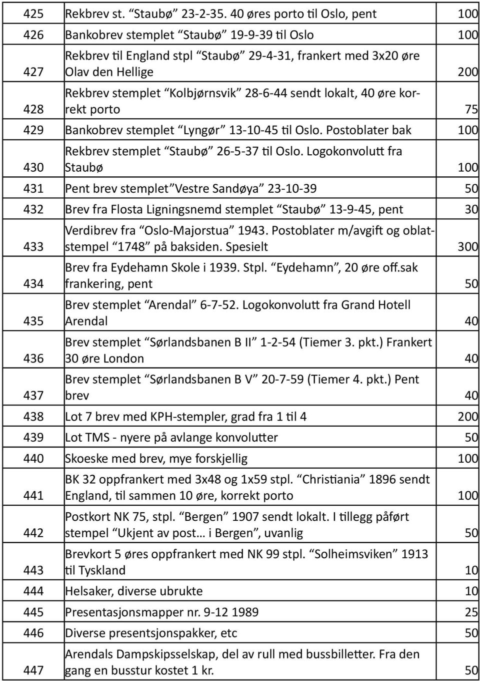 Kolbjørnsvik 28-6-44 sendt lokalt, 40 øre korrekt porto 75 429 Bankobrev stemplet Lyngør 13-10-45 til Oslo. Postoblater bak 100 430 Rekbrev stemplet Staubø 26-5-37 til Oslo.