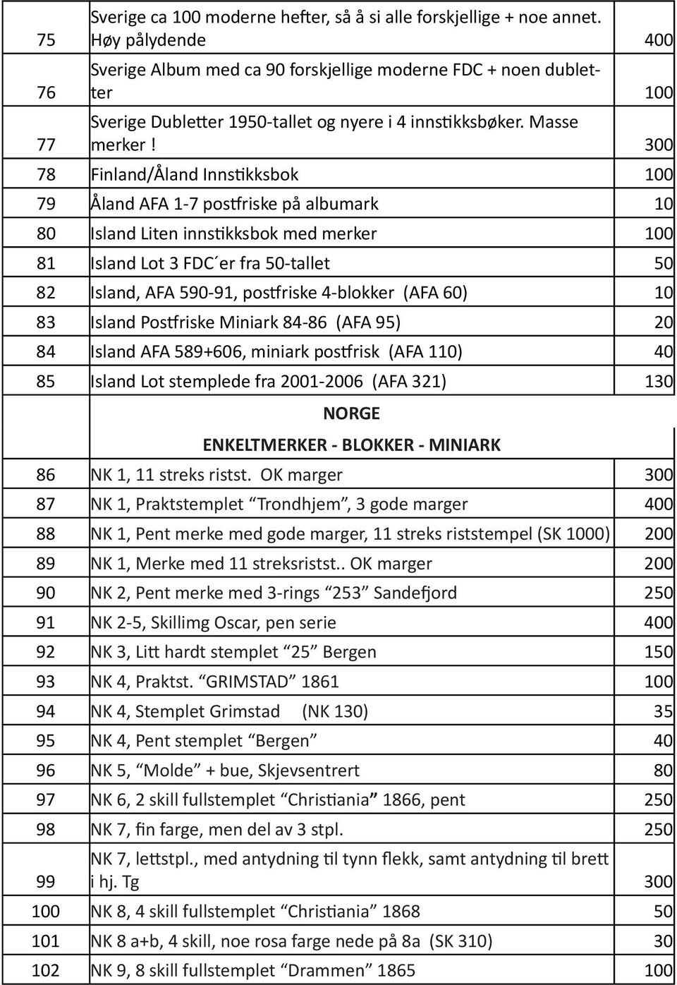 300 78 Finland/Åland Innstikksbok 100 79 Åland AFA 1-7 postfriske på albumark 10 80 Island Liten innstikksbok med merker 100 81 Island Lot 3 FDC er fra 50-tallet 50 82 Island, AFA 590-91, postfriske