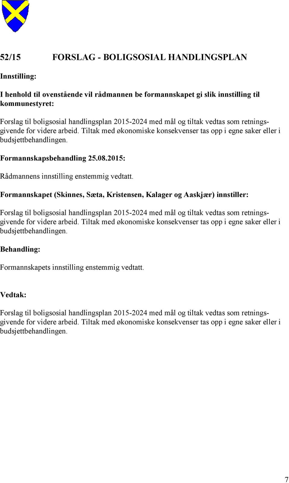 2015: Rådmannens innstilling enstemmig vedtatt.