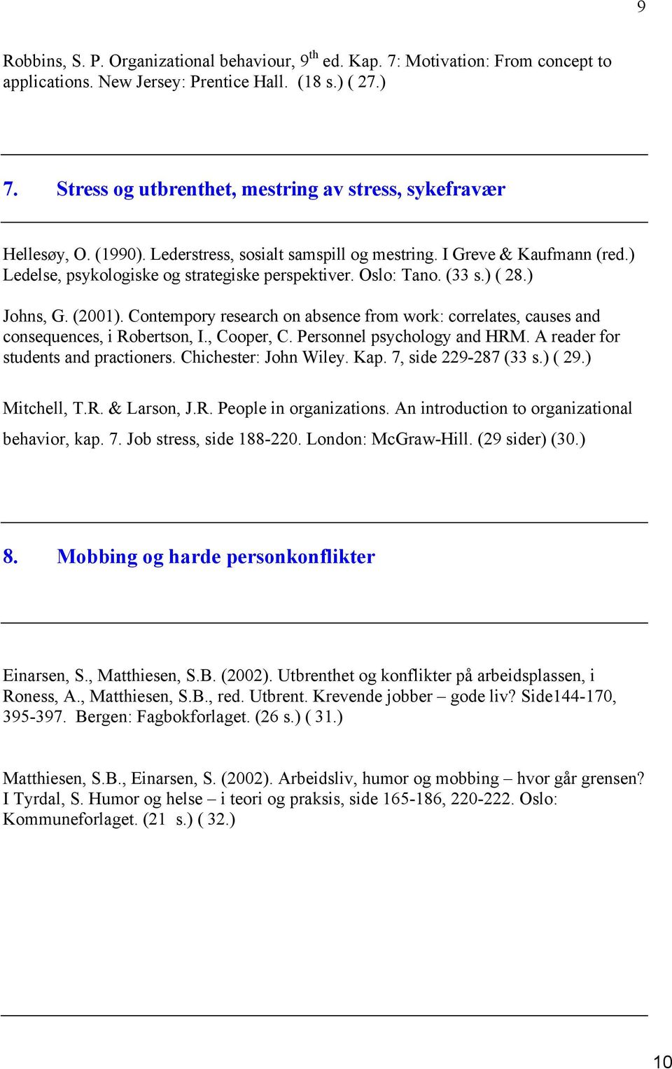 Oslo: Tano. (33 s.) ( 28.) Johns, G. (2001). Contempory research on absence from work: correlates, causes and consequences, i Robertson, I., Cooper, C. Personnel psychology and HRM.