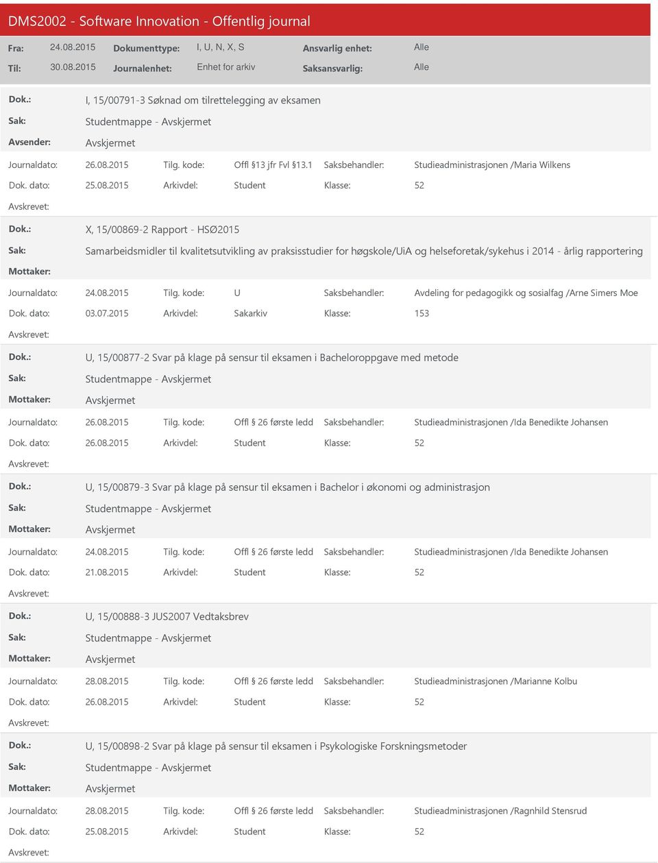 2015 Arkivdel: Sakarkiv 153, 15/00877-2 Svar på klage på sensur til eksamen i Bacheloroppgave med metode Studieadministrasjonen /Ida Benedikte Johansen, 15/00879-3 Svar på klage på sensur til