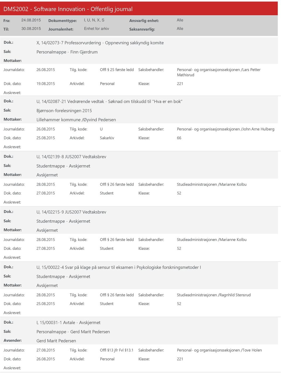 /John Arne Hulberg Dok. dato: 25.08.2015 Arkivdel: Sakarkiv 66, 14/02139-8 JS2007 Vedtaksbrev Studieadministrasjonen /Marianne Kolbu Dok. dato: 27.08.2015 Arkivdel: Student, 14/05-9 JS2007 Vedtaksbrev Studieadministrasjonen /Marianne Kolbu Dok.