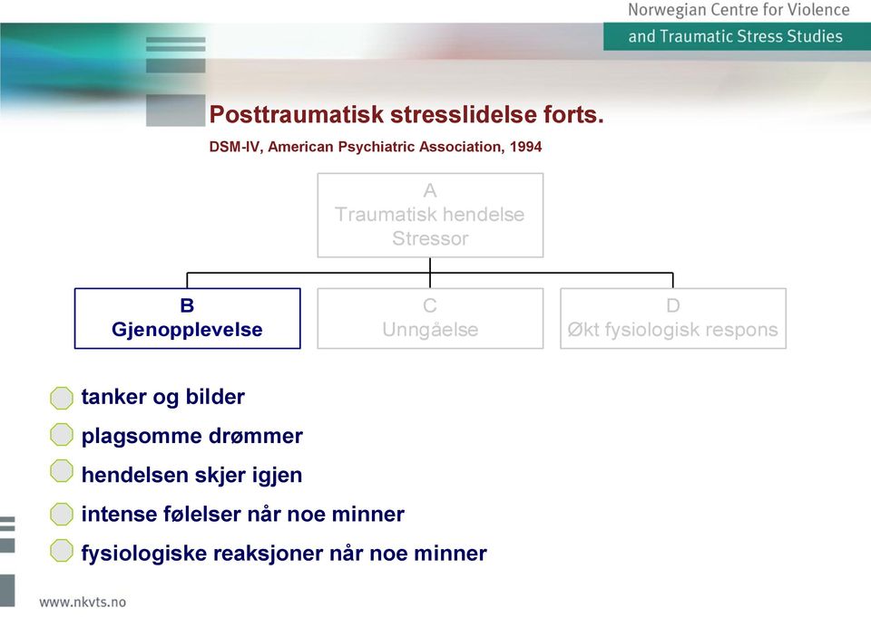 Stressor B Gjenopplevelse C Unngåelse D Økt fysiologisk respons tanker og