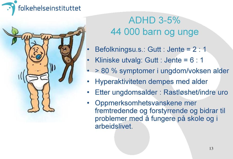 ungdom/voksen alder Hyperaktiviteten dempes med alder Etter ungdomsalder :