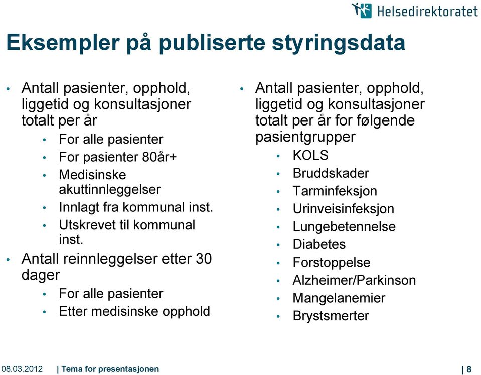 Antall reinnleggelser etter 30 dager For alle pasienter Etter medisinske opphold Antall pasienter, opphold, liggetid og konsultasjoner totalt