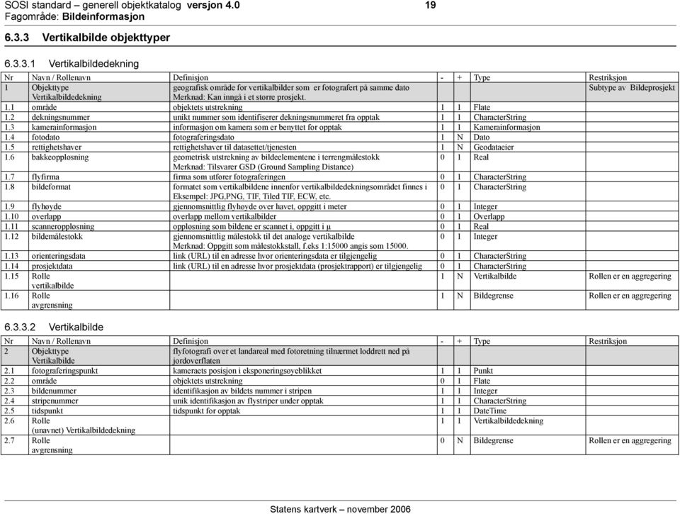 1.1 område objektets utstrekning 1 1 Flate 1.2 dekningsnummer unikt nummer som identifiserer dekningsnummeret fra opptak 1 1 CharacterString 1.