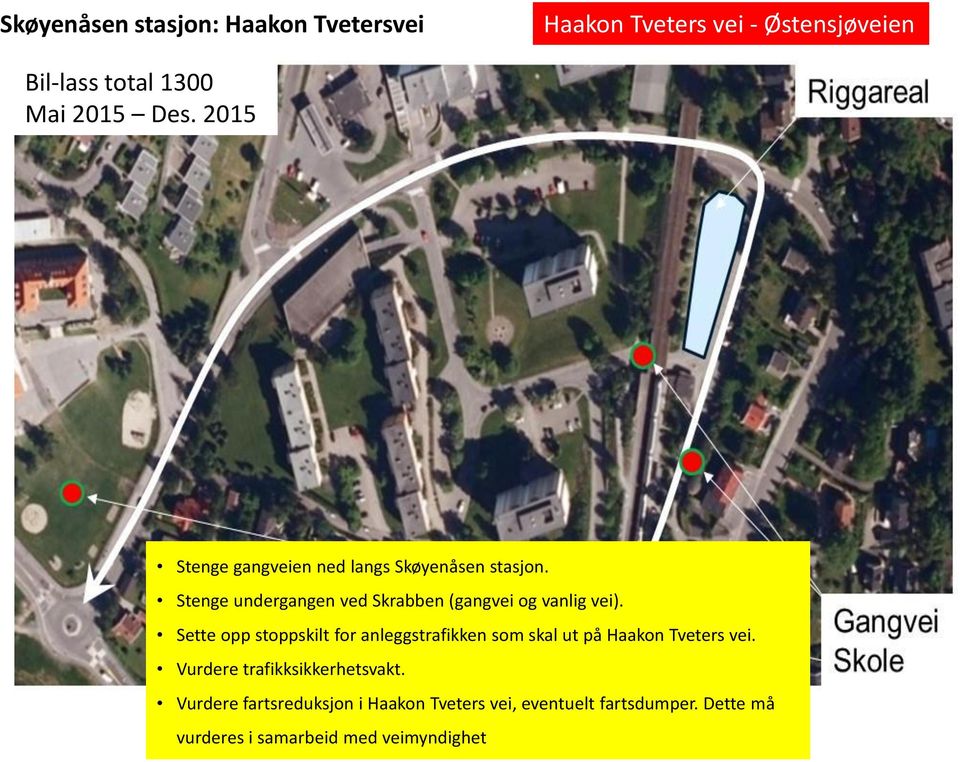 Sette opp stoppskilt for anleggstrafikken som skal ut på Haakon Tveters vei. Vurdere trafikksikkerhetsvakt.