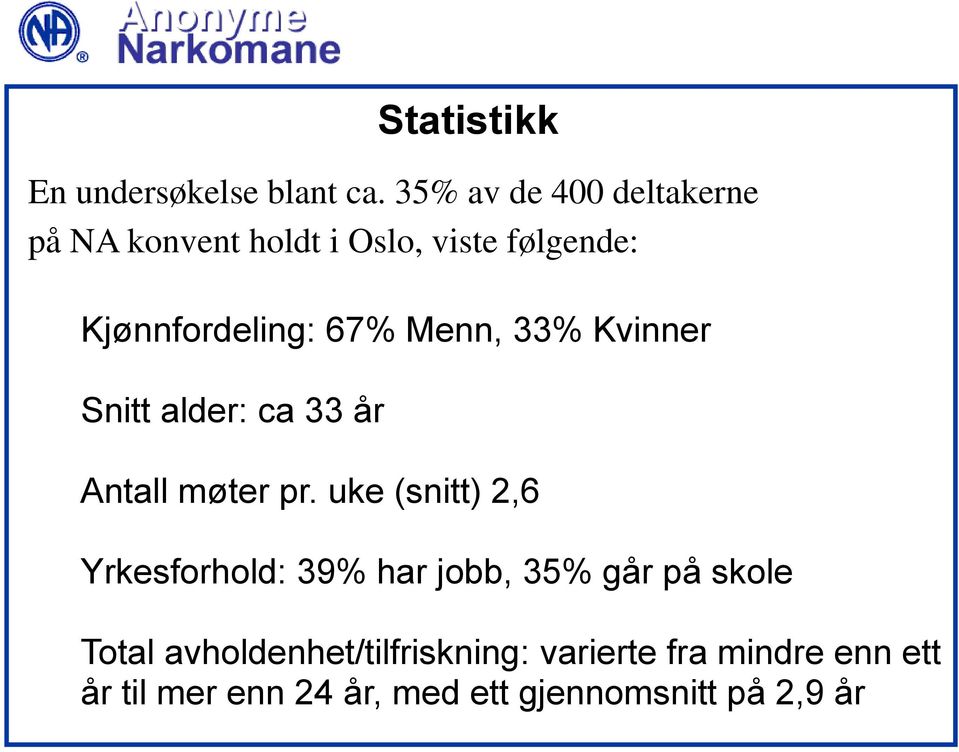 Menn, 33% Kvinner Snitt alder: ca 33 år Antall møter pr.