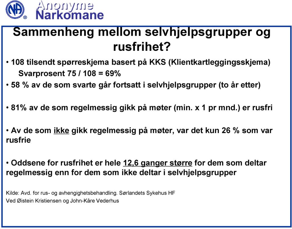 (to år etter) 81% av de som regelmessig gikk på møter (min. x 1 pr mnd.